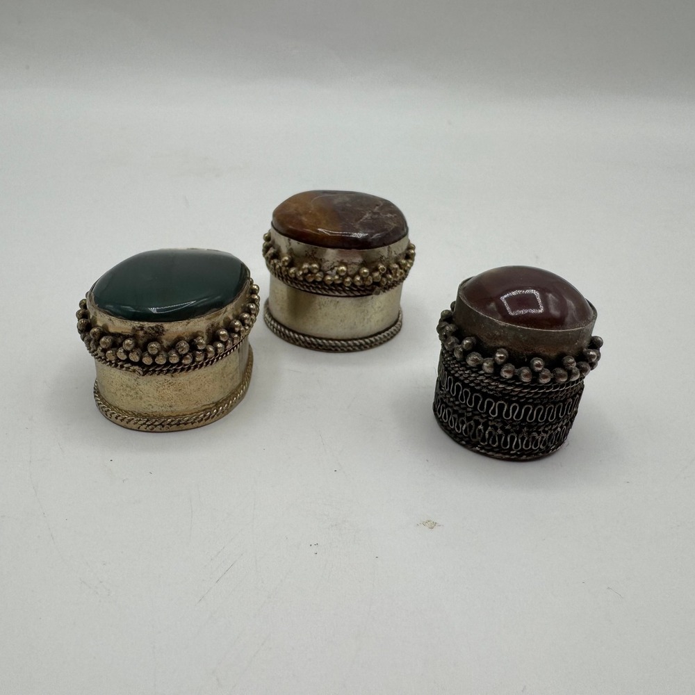 Trinket Pill Box Set OS Multi Stone Filigree Silver Tone Made in India
